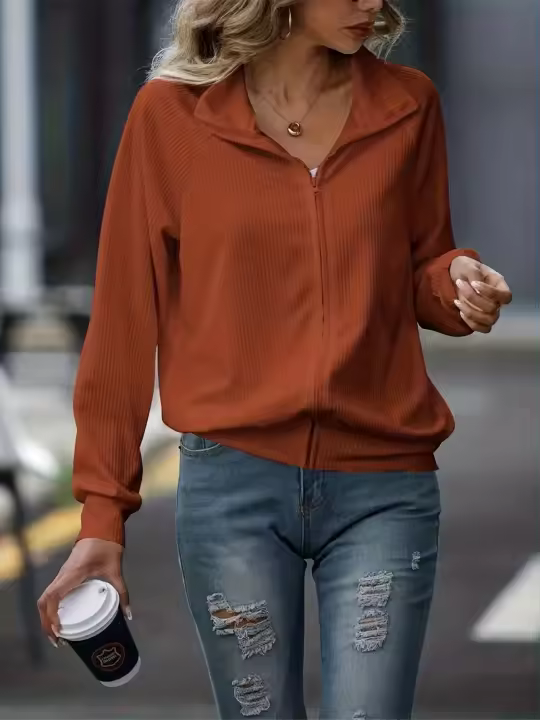 Chaqueta De Cuello Bandeo Para Mujer Con Cierre De Cremallera Y Estilo Deportivo Color Sólido Sudadera Suelta De Invierno - 1