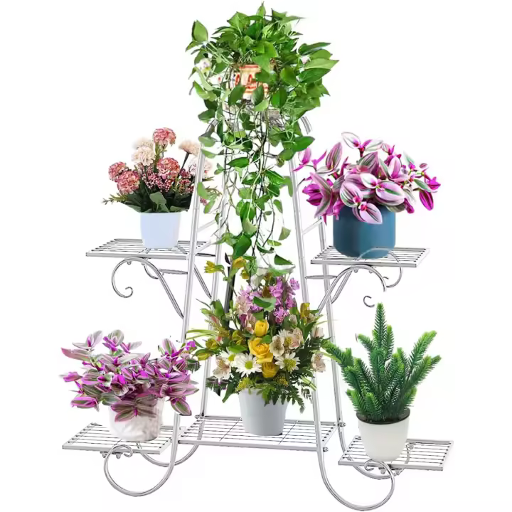 Soporte planta 6 niveles interiores y exteriores, estante macetas múltiples plantas, soporte planta metal blanco patio - 1