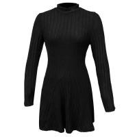 Minivestido informal de punto de invierno para mujer con mangas largas y cuello alto negro, versátil para mujeres jóvenes. - details 3