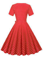 Vestido midi elegante informal para mujer con lunares, cuello Peter Pan, cintura alta y corte en A - details 15