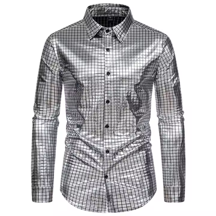 Camisa de Hombre con Estampado Cuadrado a la Moda para Primavera Manga Larga de Poliéster para Escenario Banqueta y Discoteca - 1