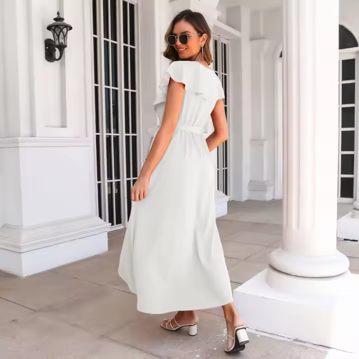 Vestido de mujer sin mangas con volantes, escote en V, abertura ancha, falda larga - 1