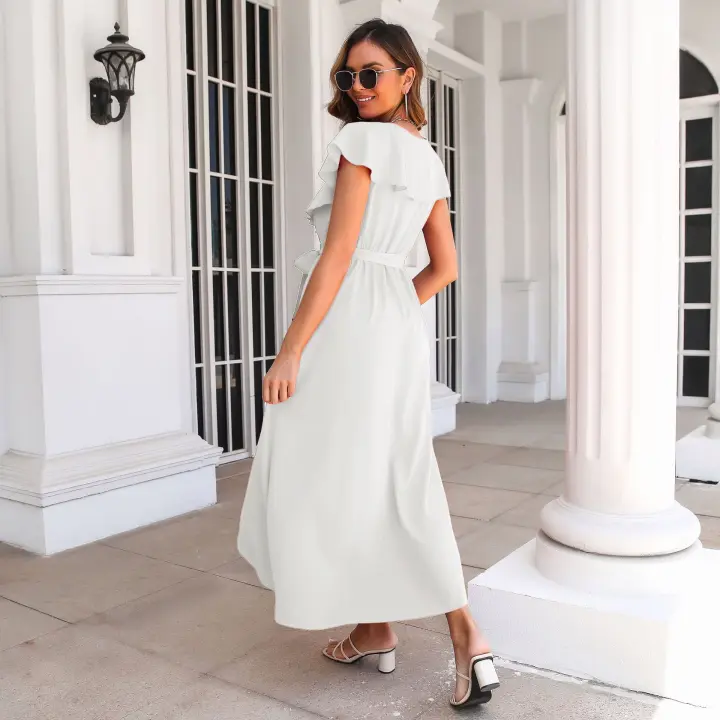 Vestido de mujer sin mangas con volantes, escote en V, abertura ancha, falda larga - 1
