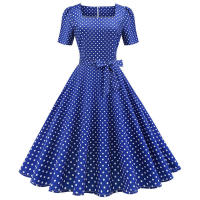 Vestido midi de fiesta de lunares para mujer, elegante, de manga corta, con cuello cuadrado, línea A, estilo años 50 y 60. - details 11