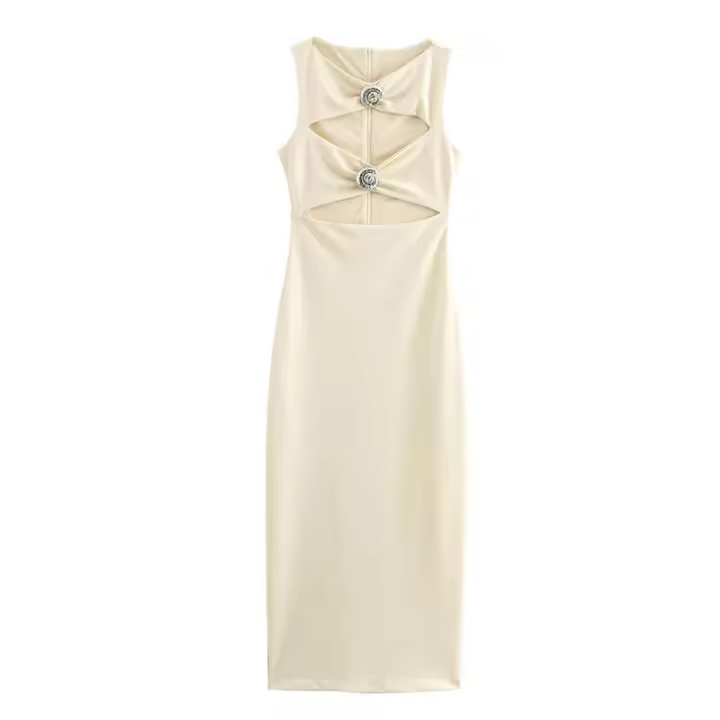 OUWU- Vestido Largo Liso Calado A La Moda Para Mujer, Vestido Elegante Con Cuello Redondo Y Decoración De Concha Marina, Vestidos Ajustados Sin Mangas Para Fiesta De Verano - 1