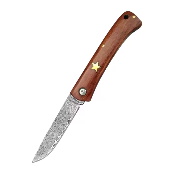 Cuchillo plegable de acero damasco con mango de madera, herramienta de cocina multifuncional para cortar carne y frutas, cuchillo de selección. - 1