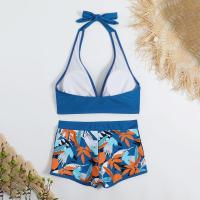Bikini abierto con estampado de hojas retro en talla grande, conjunto de traje de baño de dos piezas con correas estables para mujer - details 58