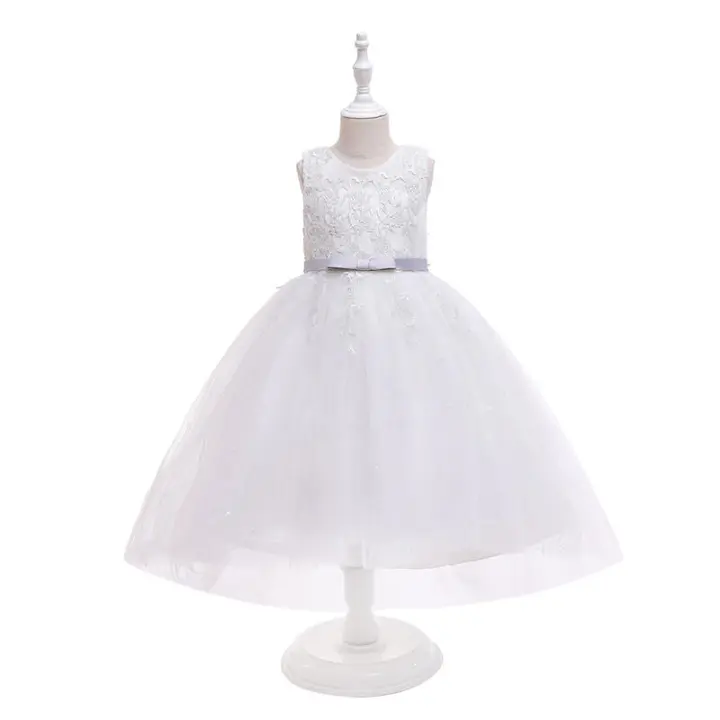 Vestido de fiesta blanco de novia con cola para niñas, con lazo para actuación - 1