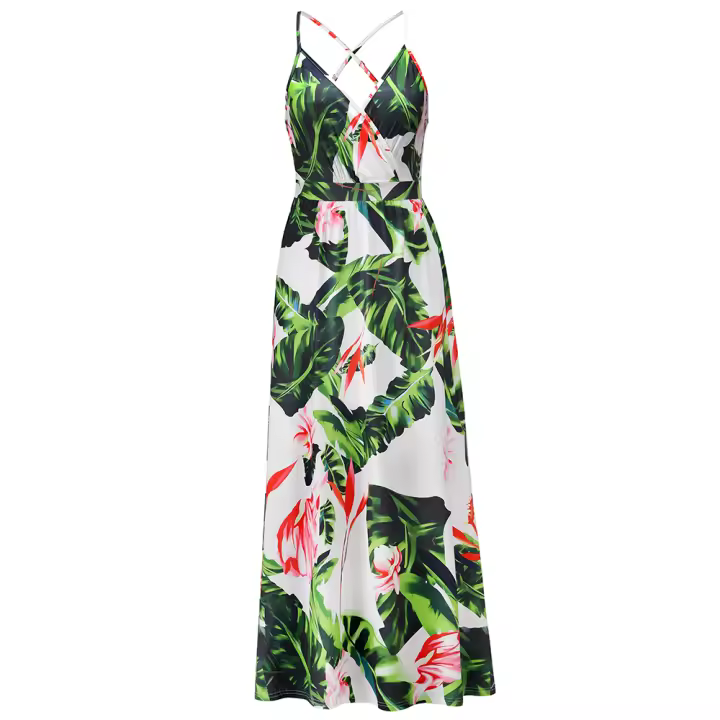 Vestidos largos con cuello en V para mujer, sin mangas, cintura alta, playa, Maxi, estampados blancos S - 1