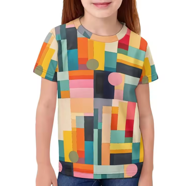 Camiseta juvenil estampada con cuello redondo y manga corta para niños de verano con geometría 3D por sublimación - 1