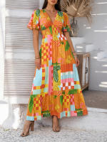 2025 Primavera / Verano Casual Bomisia Vacaciones Estilo Estampado Contraste Color Cuello en V Cintura alta Vestido de manga corta - details 2