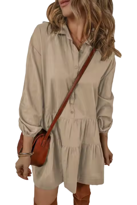 Elrachen Mini vestido de mujer estilo camisa con mangas abullonadas plisadas, color canela, tallas S-XL - 1