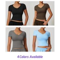 Top corto de manga corta con cuello en V para mujer, camiseta ajustada de yoga, camiseta deportiva de alta elasticidad, top de fitness - details 1