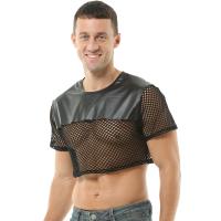 Tops cortos Hombre Malla sexy PU Lencería de cuero Manga corta Músculo Mini chaleco Sujetadores Clubwear Escote en O Traje erótico - details 3