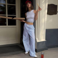 BUNO-Pantalones de encaje a rayas para mujer, Pantalones rectos de pierna ancha con cintura elástica y cordón, ropa de calle holgada para primavera y verano, pantalones de chándal informales - details 11