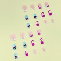 Set Completo De 24 Uñas Postizas Cuadradas Cortas Diseño Francés Color-Block Con Caras Amorosas Estilo Europeo Y Americano Incluye 1 Pegamento Jaleo Y 1 Linterna Perfecto Para Fiestas Bailes Y Uso Diario Desmontables Y Reutilizables - details 1