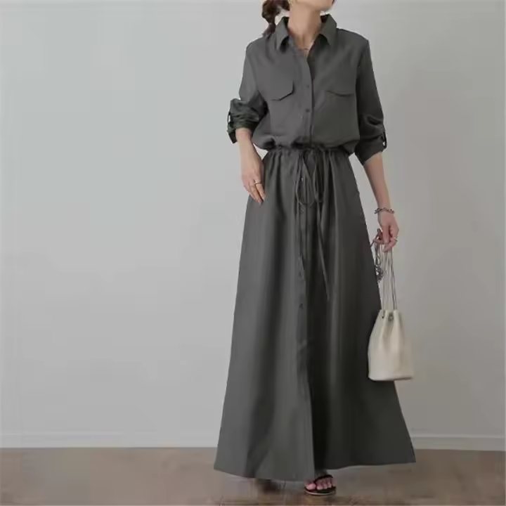 Camisas de Color liso, vestidos de mujer a la moda, informal, con solapa, manga larga, cordón, cintura elástica, ropa de viaje para mujer - 1
