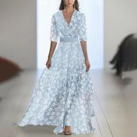 2025 Nueva ropa de mujer, vestido largo estampado con cuello con cuentas, azul - details 11