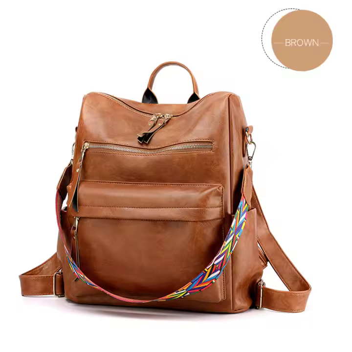 Mochila Retro de cuero PU para mujer, bolso de hombro de gran capacidad con cremallera y correa ajustable - 1