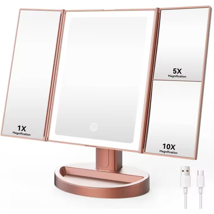 Auxmir Luz de maquillaje, tríptico de espejo de aumento recargable 1X/5X/10X, 68 luces LED con brillo ajustable en pantalla táctil, - 1