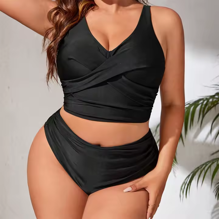 Bañador con tirantes de talla grande para mujer, traje de baño dividido de Color sólido, Bikini de primavera 2025 - 1