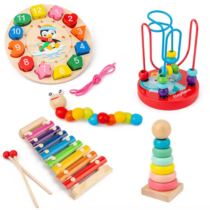 Juego de 5 Juguetes Educativos de Madera para Bebés y Niños, Xilófono de 8 Notas, Reloj, Gusano, Torre Arcoíris y Laberinto de Bol - 1