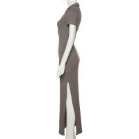 BUNO-Vestido largo de oficina para mujer, de manga corta con cuello vuelto traje elegante, abertura lateral y botón, moldeador de cuerpo, moda de calle - details 10