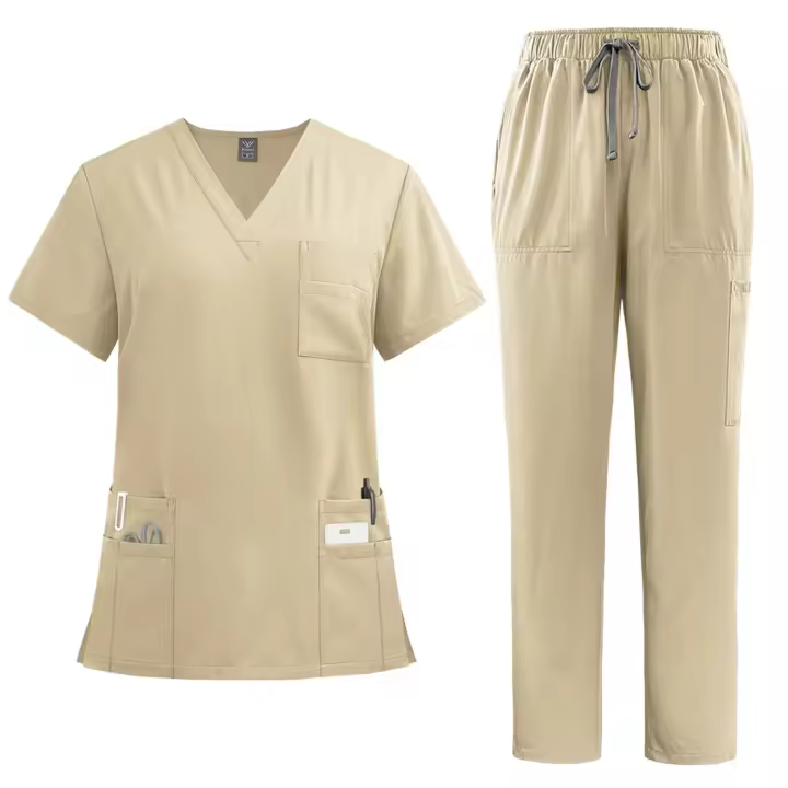 Uniforme de enfermera de color sólido para mujer, traje de pantalones de manga corta con cuello en V de tela de secado rápido, uniforme de enfermería con múltiples bolsillos - 1