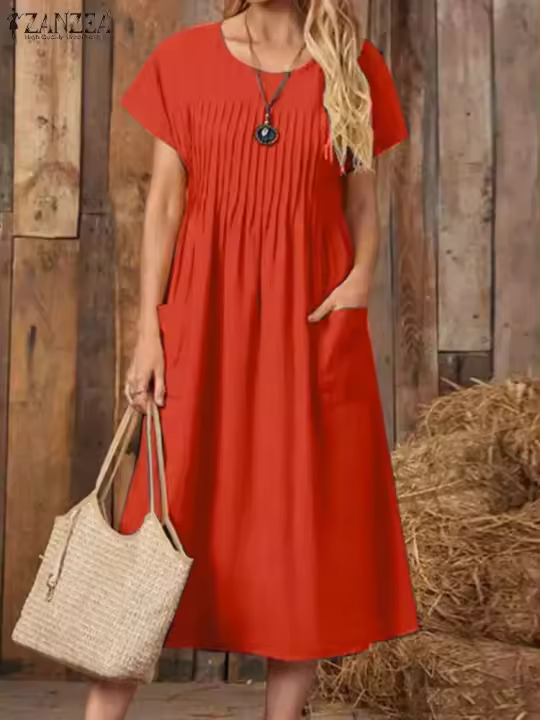ZANZEA-Vestido elegante de verano, Vestido de manga corta con cuello de pico a la moda para mujer, Vestido veraniego plisado liso a media pantorrilla, Vestido informal de trabajo OL, caftán - 1