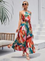 Novedad de verano, falda para mujer, vestido largo estampado con vuelo grande sin mangas y cuello colgante - details 2