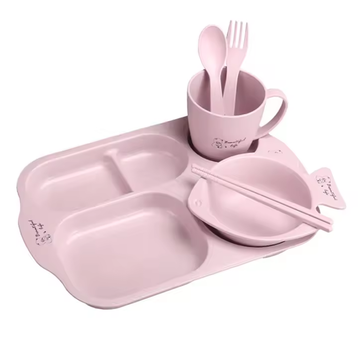 Juego de Platos y Cubiertos para Bebés y Niños de SLAIXIU Set de  6 Piezas de Cerámica con Diseño de Dibujos Animados para Entrenamiento de Alimentos y Cena - 1