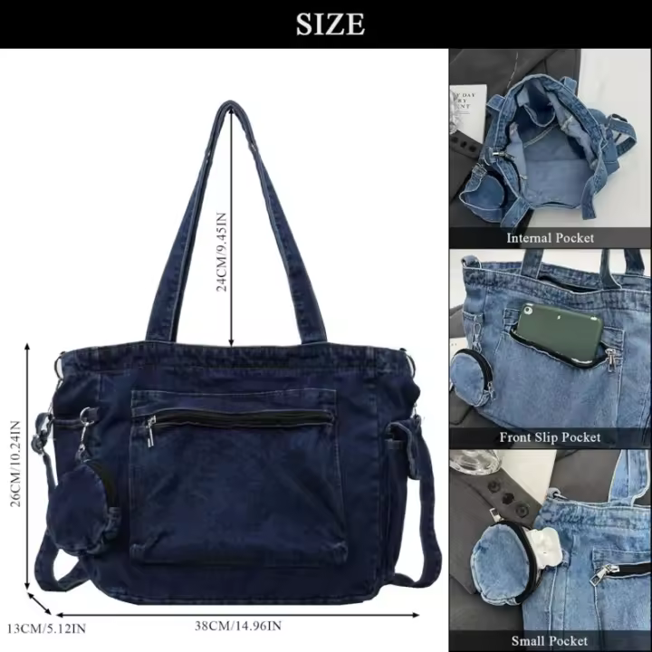 Bolso de mano de mezclilla, bolsos de jean de gran capacidad para mujer, bolsos cruzados de mezclilla con bolso pequeño - 1