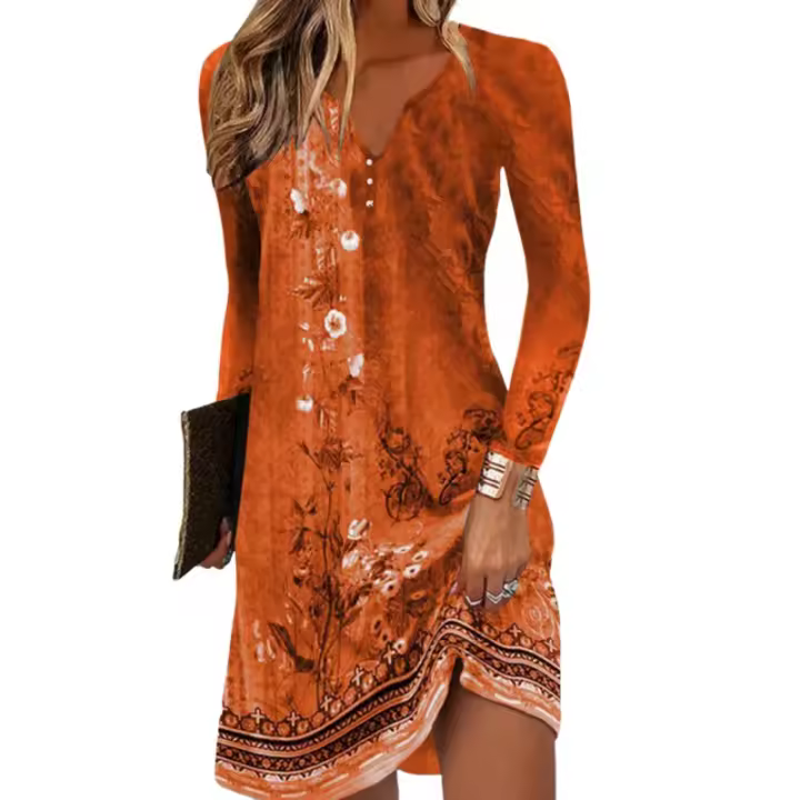 Vestido largo de manga completa con estampado vintage para mujer, moda otoño/invierno, cuello en V, estilo casual, ajuste natural, talla grande. - 1