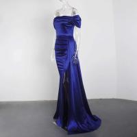 Vestido de dama de honor plisado de satén elástico, hombros descubiertos, vestido de noche formal, apertura frontal, hasta el suelo - details 12