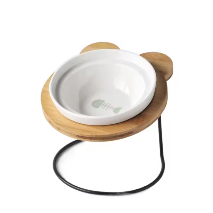 Cuenco de cerámica con soporte de madera para gatos, plato antivómitos antideslizante inclinado para gatos, fácil de limpiar, cuenco individual, estación de alimentación para gatos y cachorros - 1