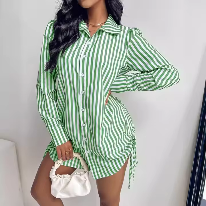 Gran oferta, vestido camisero irregular con solapa de manga larga a rayas de colores contrastantes a la moda para mujer, tendencia para mujer - 1