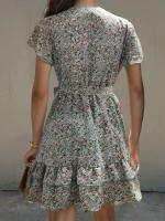 Mini Vestido Floral de Verano Cuello en V, Manga Corta con Volantes, Vestido Elegante de Línea A con Cinturón para Mujeres - details 7