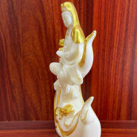 Mesa de té para el hogar chapada en oro Guanyin sin llamas tallada en fruta de marfil, adornos artesanales para sala de estar - details 0