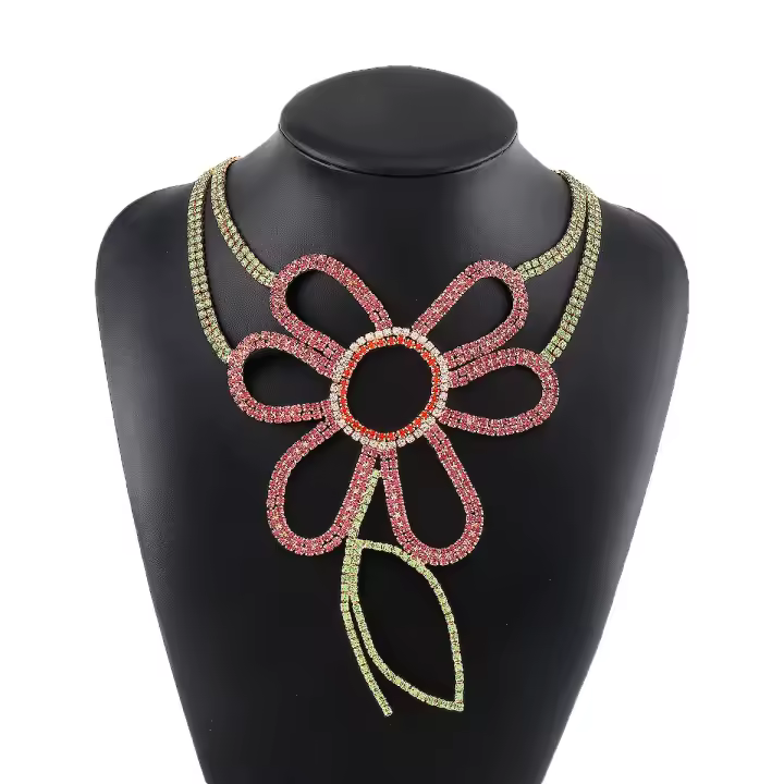 Collar colgante de flor hueca con combinación de colores exagerados, cadena de garra de diamante de margarita, diseño de cadena de clavícula. - 1