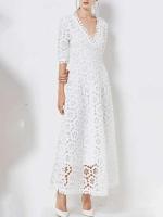 Elegante Vestido Maxi Blanco VGH Cuello en V, Manga Alta, Cintura Recortada, Adelgazante - details 2