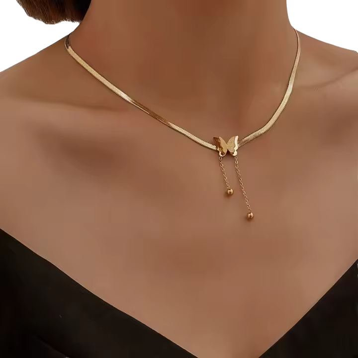 Collar de Mariposa Vintage Cadena de Serpiente de Acero Inoxidable Dorado - 1