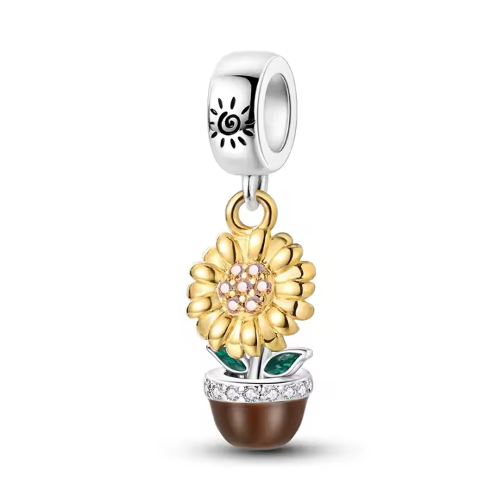 Plata de Ley 925, exquisitas cuentas colgantes de plantas en macetas de girasol, compatibles con pulseras originales Pandora, abalorios, regalo de joyería para mujer - 1