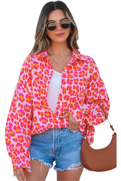 Elrachen Camisa holgada con botones y estampado de leopardo para mujer, rosa, tallas S-XL - 1
