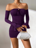 Vestido morado de mujer con falda corta de clavícula - details 4