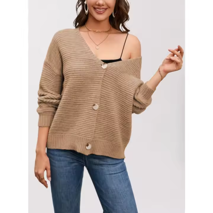 Chaqueta de punto holgada informal con cuello en V para mujer nueva otoño e invierno 2024 - 1