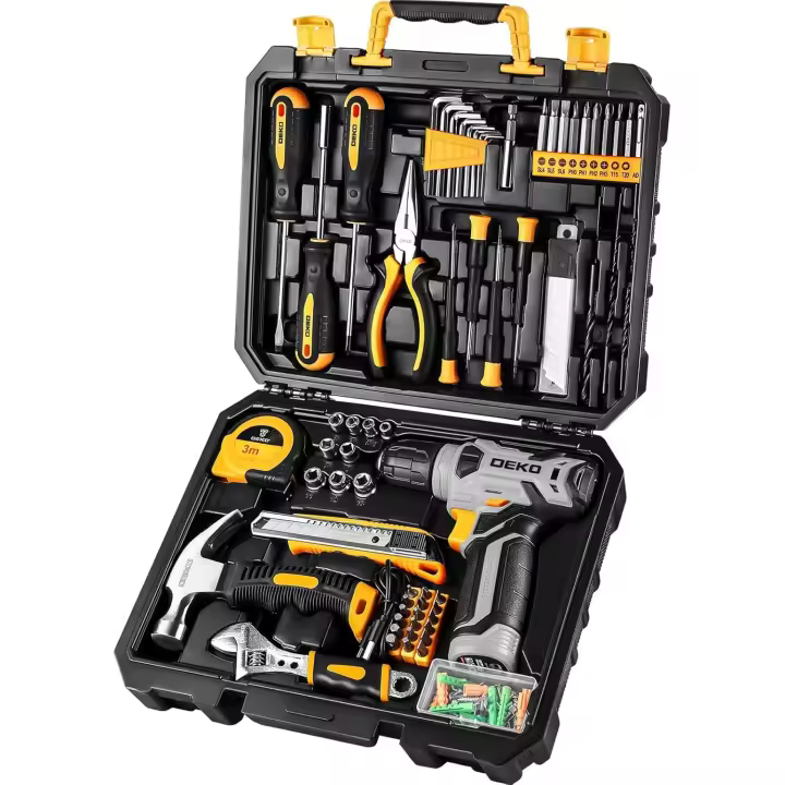 Herramientas Completa con Destornillador Electrico/Taladro con bateria de 8V, Maletin de 126 Piezas, Caja profesional de herramientas Domésticas de Bricolaje para Oficinas y Jardín, Gris - 1