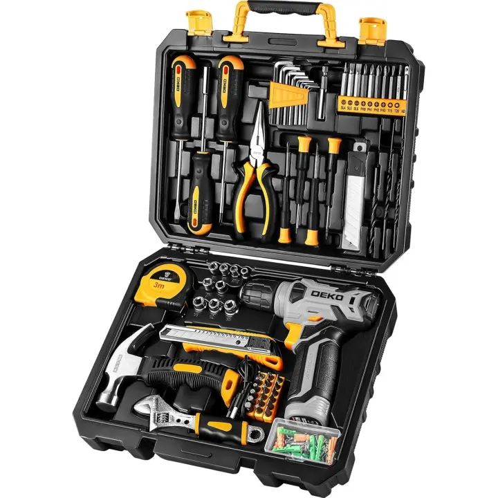 Herramientas Completa con Destornillador Electrico/Taladro con bateria de 8V, Maletin de 126 Piezas, Caja profesional de herramientas Domésticas de Bricolaje para Oficinas y Jardín, Gris - 1
