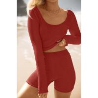 BUNO-Conjunto de ropa de estar por casa para mujer, tops ajustados de manga larga y pantalones cortos de motorista, 2 piezas, verano, 2025 - details 10