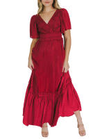 Vestido largo de encaje formal con cuello en V para mujer, con volantes y flecos, manga corta, estilo bohemio, para invitados de boda - details 11