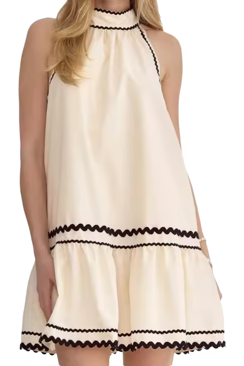 Elrachen Mini vestido sin mangas con corte en A y cuello halter para mujer con ribete Ric Rac, rayas caqui, tallas S-XL - 1